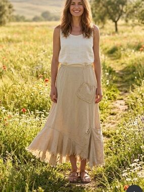 Oh My Gauze Khaki Maxi Skirt Mermaid Flare Lagenlook Cotton raw hem Sz1= S/M